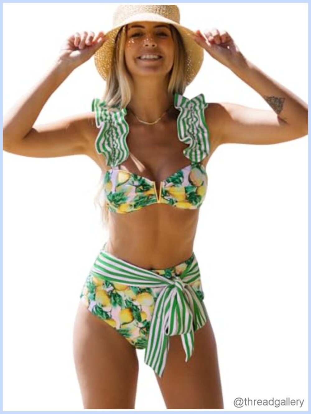 Women's High Waisted Bikini Set with Flounce Straps and Tie Back